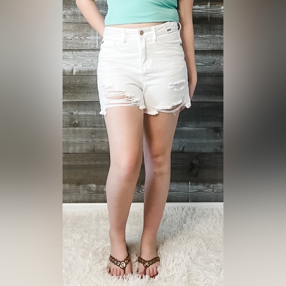 judy blue rigid magic high waist destroyed white denim shorts JB150264 WHT small - Picture 4 of 13